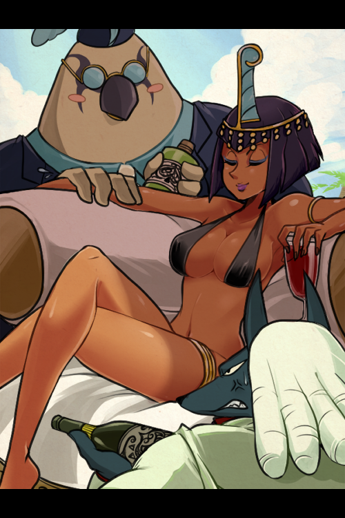 2boys, adapted_costume, albus_(skullgirls), animal_ears, bangs, beak, bird, black_hair