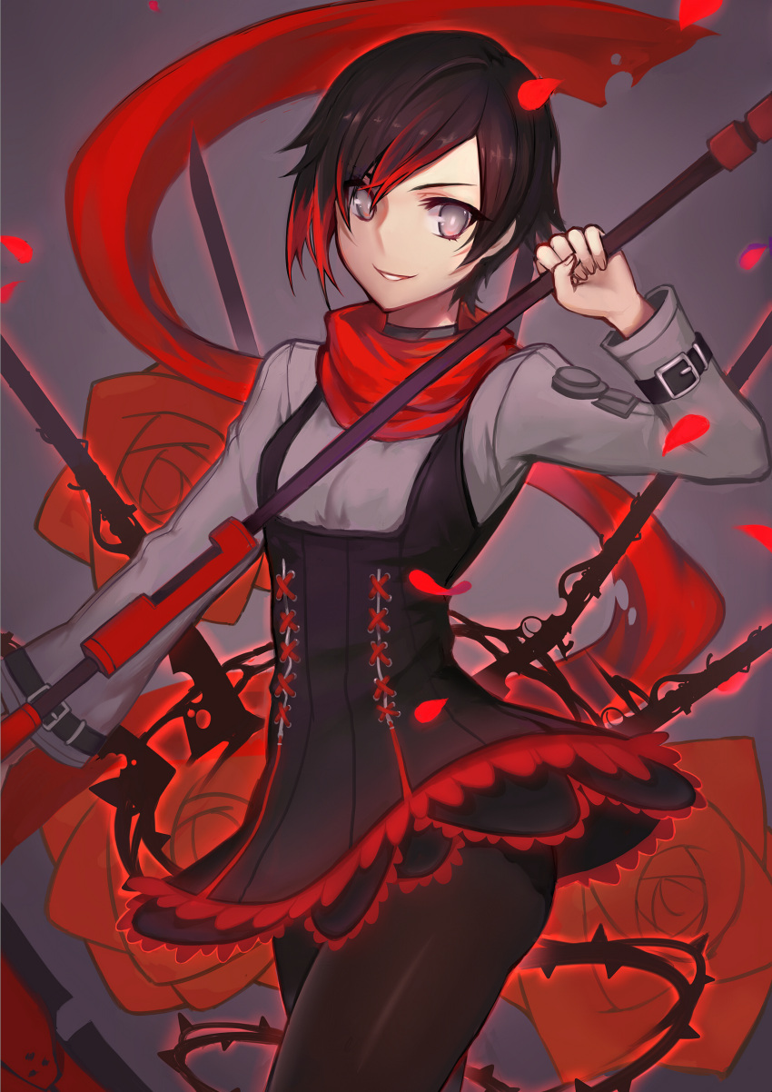 1girl, absurdres, black_box, black_hair, flower, grey_eyes, highres, multicolored_hair