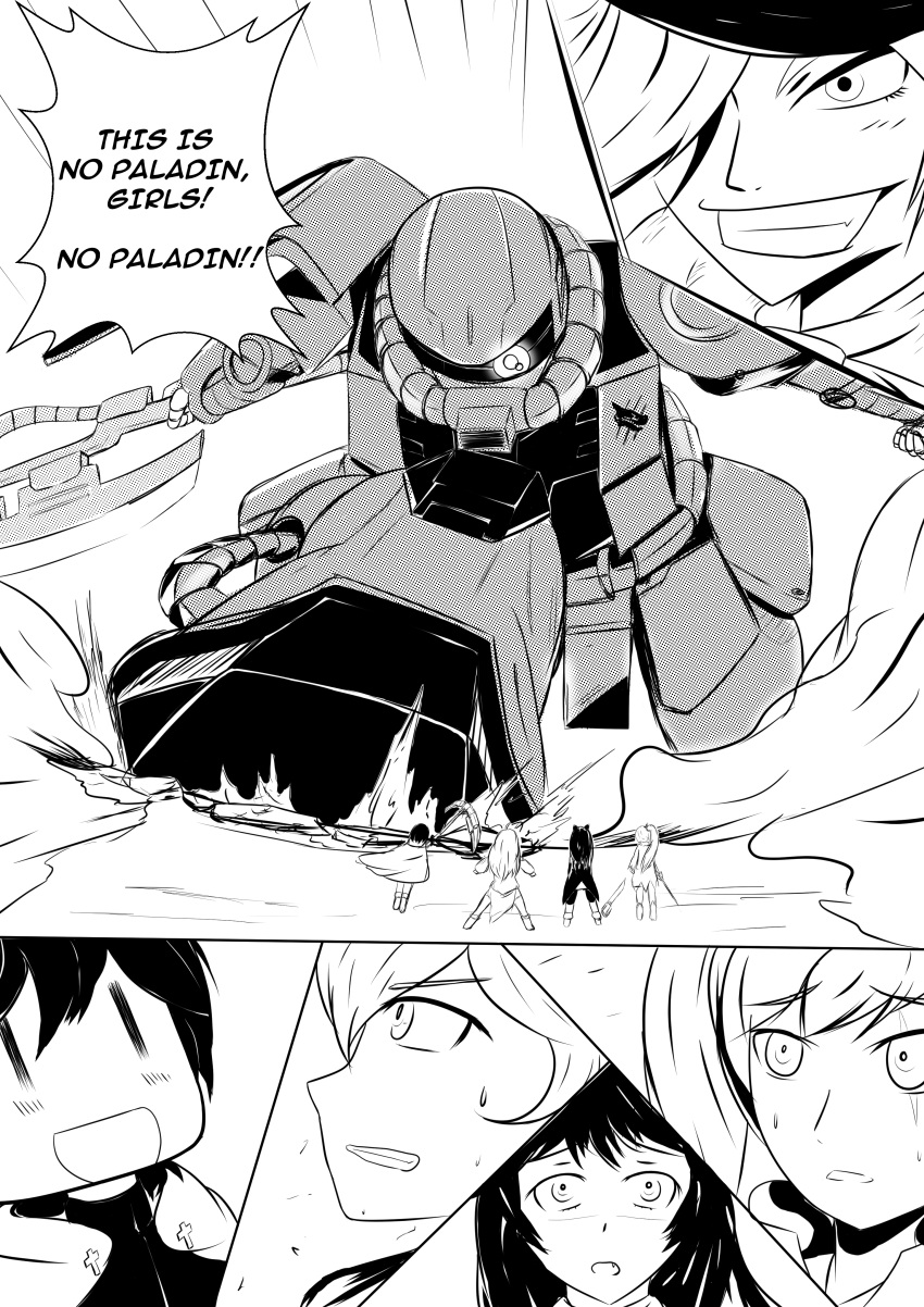 1boy, 4girls, absurdres, artist_request, blake_belladonna, cape, comic, english, gundam, highres, long_hair, mobile_suit_gundam, monochrome, multiple_girls, parody, roman_torchwick, ruby_rose, rwby, short_hair, weiss_schnee, yang_xiao_long, zaku, |_|