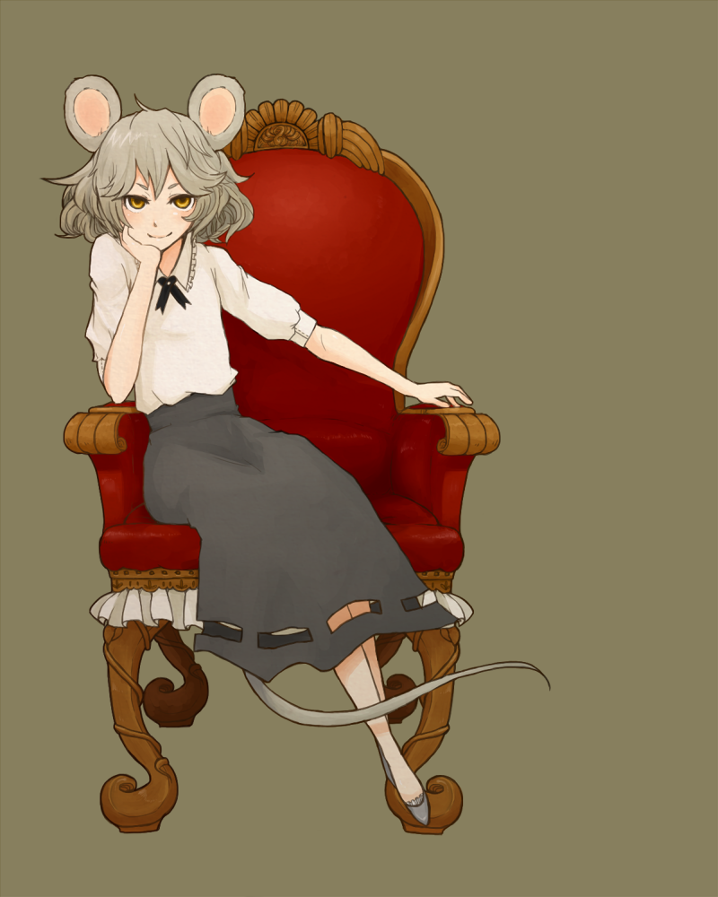 1girl, animal_ears, blush, brown_eyes, chin_rest, flat_chest, grey_background, grey_hair
