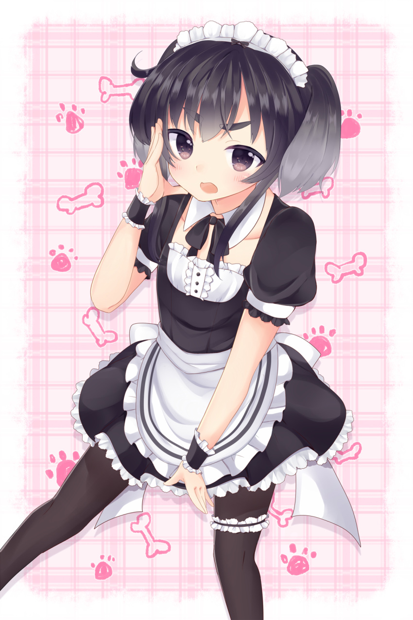 1girl, alternate_costume, black_eyes, black_legwear, enmaided, frills, gradient_hair, grey_hair