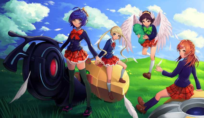 4girls, aaa, angel_wings, black_hair, blonde_hair, blue_eyes, blue_hair, brown_eyes