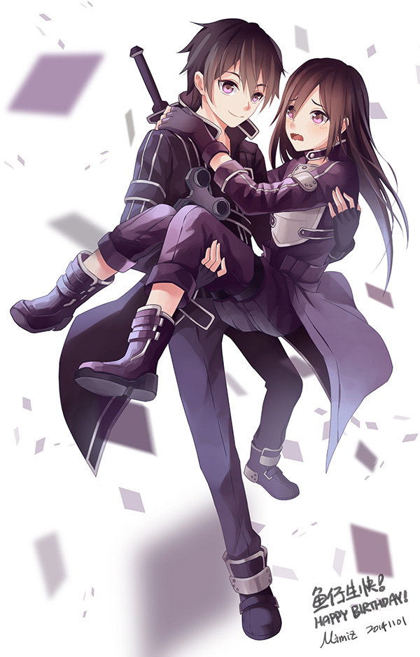 2boys, black_hair, breastplate, dual_persona, fingerless_gloves, gloves, kirito, kirito_(sao-ggo), long_hair, mimiz, multiple_boys, short_hair, sword, sword_art_online, trap, violet_eyes, weapon