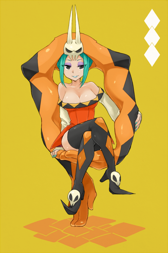 1girl, aqua_hair, aqua_nails, argyle, bare_shoulders, boots, breasts, cerebella_(skullgirls), cleavage, crossed_legs, detached_sleeves, dress, eyeshadow, green_lipstick, handstand, large_breasts, lipstick, living_clothes, makeup, morishige, nail_polish, off-shoulder_dress, pointy_shoes, short_dress, short_hair, sitting, skull, skullgirls, smile, solo, thigh-highs, thigh_boots, vice-versa_(skullgirls)