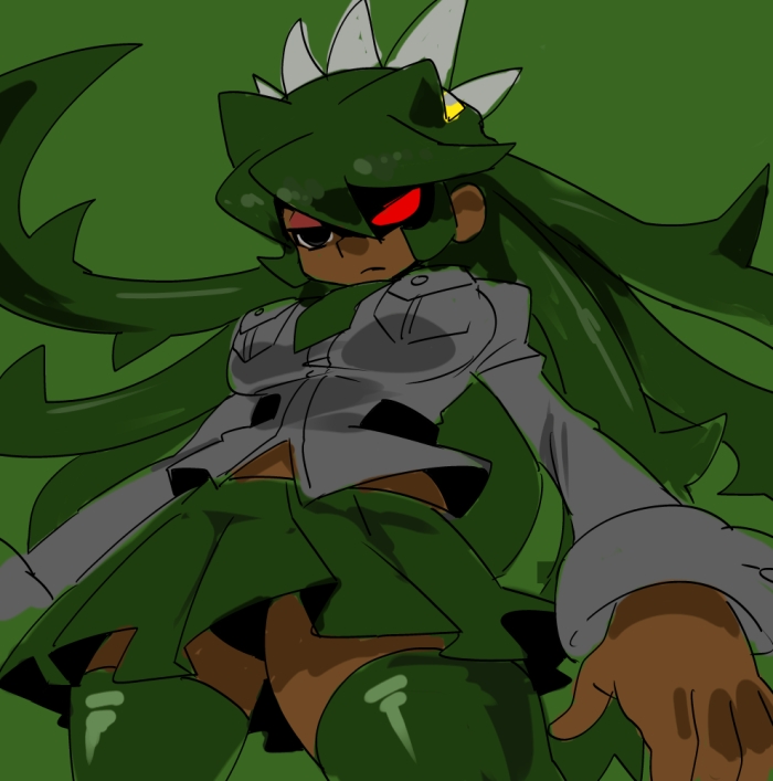 1girl, dark_skin, eyeshadow, fukua_(skullgirls), glowing, glowing_eye, green, green_background