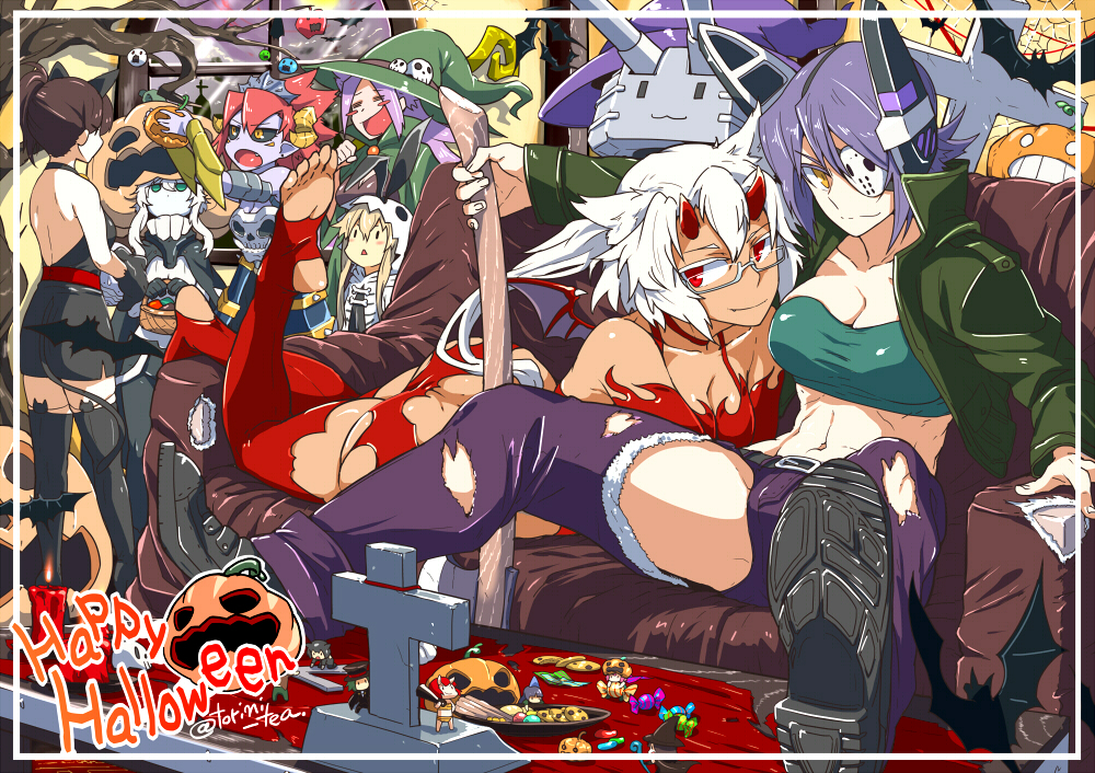 bat_wings, dark_skin, demon_girl, devil, eyepatch, fairy_(kantai_collection), glasses, halloween