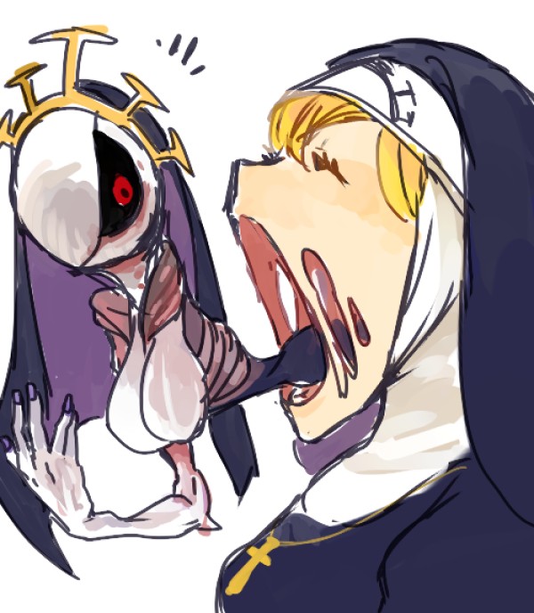 1girl, alien_(movie), black_sclera, closed_eyes, cross, cross_necklace, double_(skullgirls), dual_persona