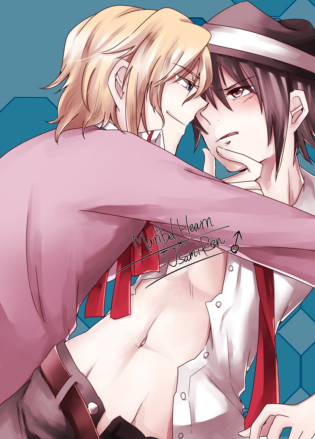 2boys, belt, blonde_hair, blouse, blue_eyes, brown_eyes, brown_hair, frown, genderswap, hand_on_another's_chin, hat, highres, imminent_sex, looking_at_another, maribel_hearn, multiple_boys, necktie, open_clothes, open_shirt, short_hair, smile, sooru0720, touhou, undressing_another, usami_renko, yaoi