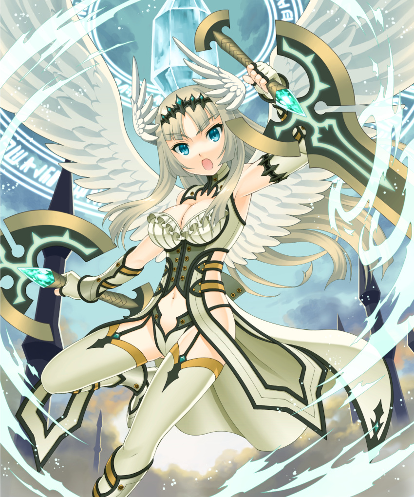 1girl, :o, blonde_hair, blue, breasts, cleavage, clouds, dual_wielding