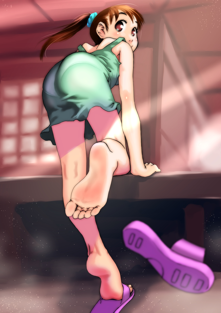 1girl, arm_support, barefoot, brown_eyes, brown_hair, dress, feet, highres