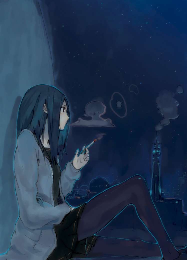building, cardigan, cigarette, city, city_lights, dome, hrd, long_hair