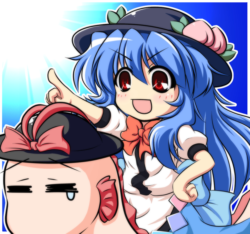 >:d, 1girl, :d, =_=, blue_hair, bow, food, fruit