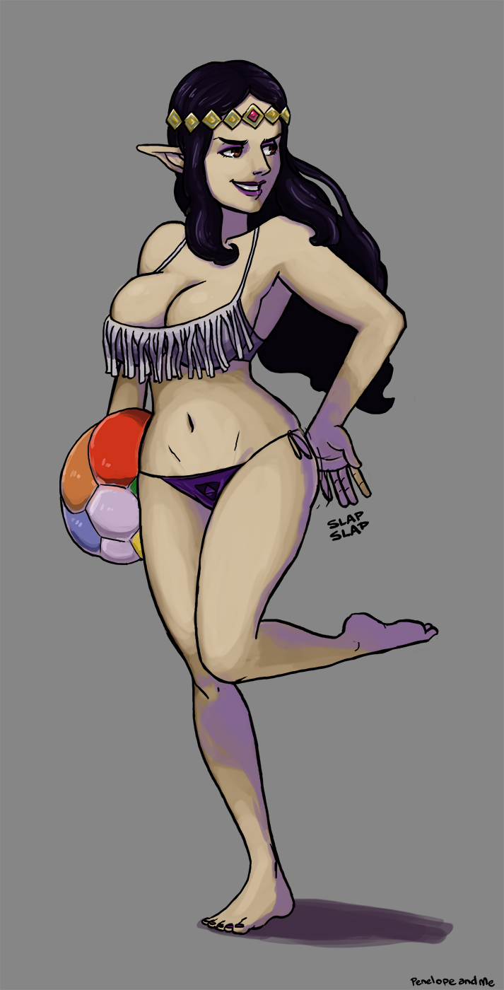 1girl, a_link_between_worlds, ball, bangs, barefoot, beachball, bikini, breasts