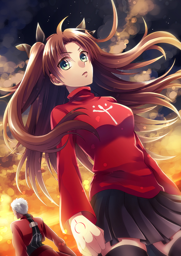 1boy, 1girl, an_hajime, archer, black_legwear, brown_hair, command_spell, fate/stay_night