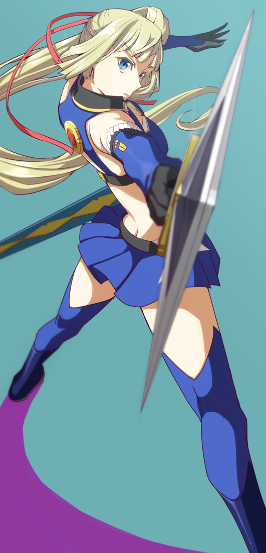 1girl, bare_shoulders, blonde_hair, blue_eyes, blue_legwear, elbow_gloves, foreshortening, from_behind