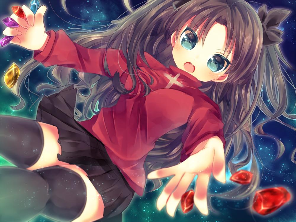 1girl, black_hair, brown_hair, eyes, fate/stay_night, fate_(series), gem, hair_ribbon, long_hair, ribbon, rito_(azusa), solo, thigh-highs, tohsaka_rin, toosaka_rin, two_side_up