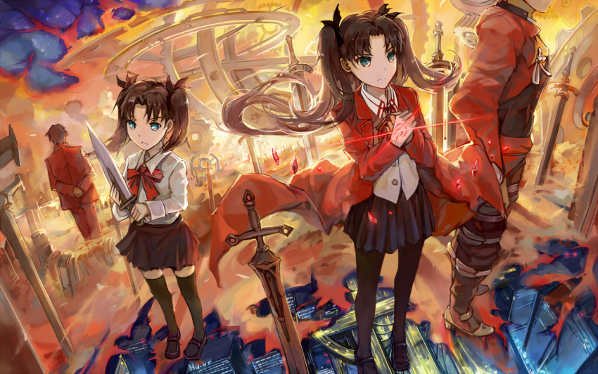 2boys, 2girls, archer, azoth_knife, brown_hair, command_spell, dual_persona, fate/stay_night