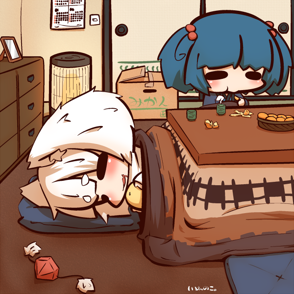 2girls, alternate_costume, animal_ears, artist_name, basket, blue_hair, box, bust, calendar, closed_eyes, cup, drooling, eating, eyebrows, food, fruit, green_tea, hair_bobbles, hair_ornament, hat, hat_removed, headwear_removed, heater, inubashiri_momiji, inunoko., japanese_clothes, kawashiro_nitori, kimono, kotatsu, mandarin_orange, multiple_girls, open_mouth, orange_peel, picture_frame, pillowe, short_hair, sleeping, sliding_doors, solid_oval_eyes, table, tea, teacup, thick_eyebrows, tokin_hat, touhou, twintails, under_kotatsu, under_table, white_hair, wolf_ears, yukata