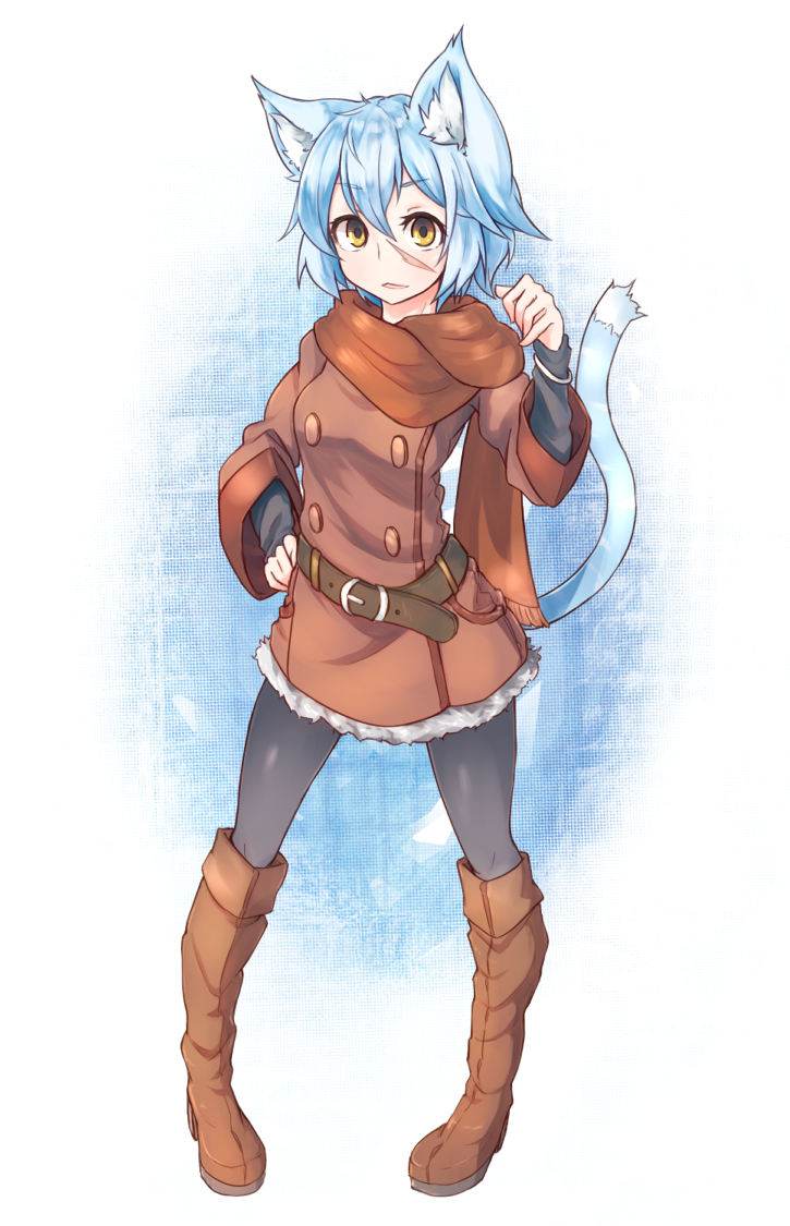 1girl, animal_ears, belt, blue_hair, blush, boots, brown_boots, cat_ears