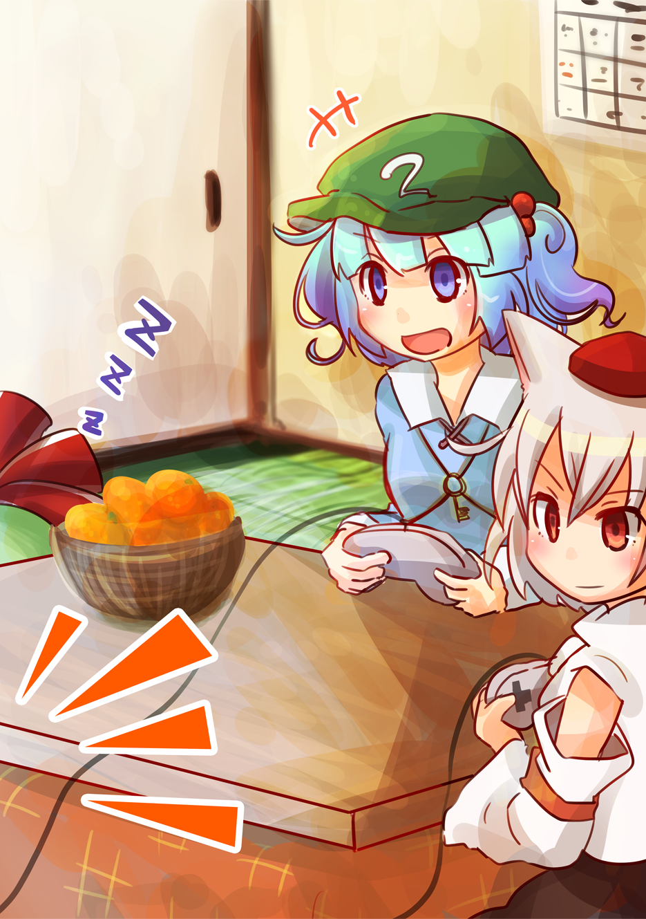 +++, 3girls, animal_ears, blue_eyes, blue_hair, bust, calendar, collared_shirt, controller, detached_sleeves, dress, food, fruit, game_controller, gamepad, green_hair, hair_bobbles, hair_ornament, hair_ribbon, hat, highres, inubashiri_momiji, kagiyama_hina, kanno_fumiroku, kawashiro_nitori, key, kotatsu, mandarin_orange, multiple_girls, open_mouth, playing_games, pom_pom_(clothes), red_eyes, red_ribbon, ribbon, shirt, short_hair, short_twintails, skirt, sleeping, smile, table, tokin_hat, touhou, twintails, white_hair, wolf_ears, zzz