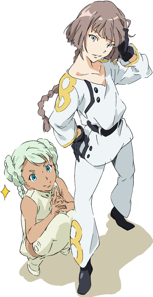 1girl, blue_eyes, boots, braid, dark_skin, green_hair, grey_eyes, gundam