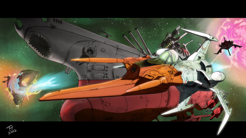 70s, alien, battle, cosmo_zero, dated, explosion, gamilas, highres