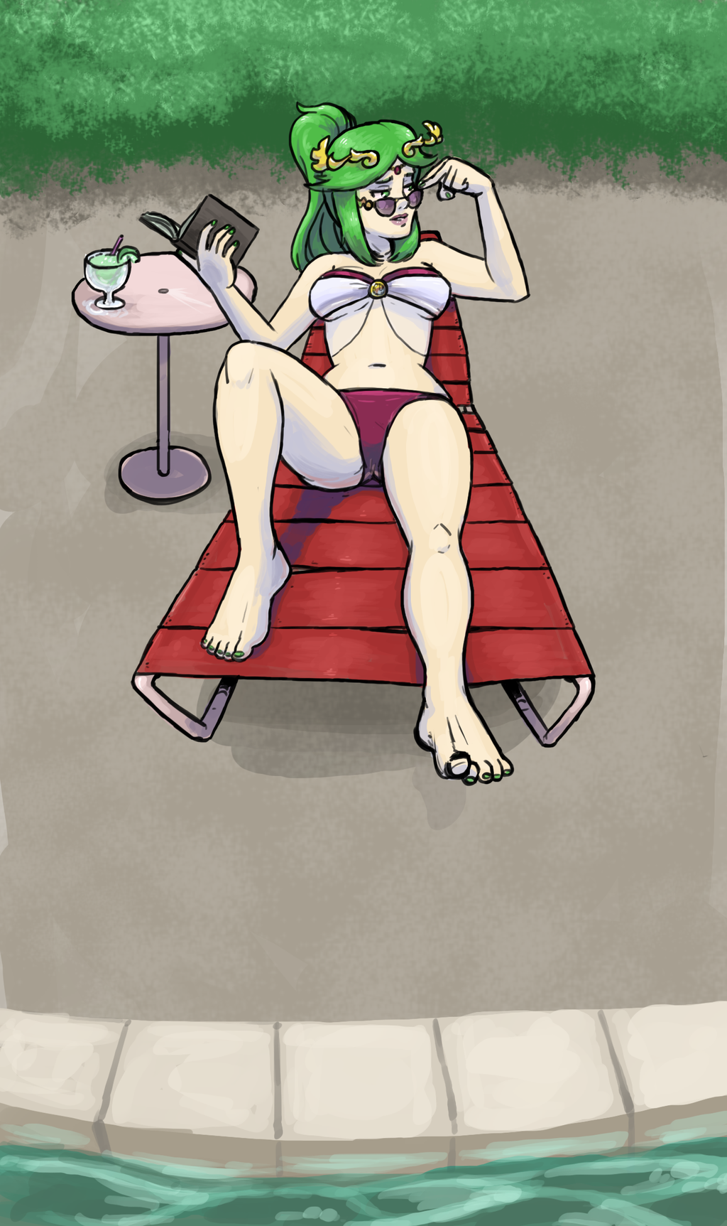 1girl, adjusting_sunglasses, barefoot, beach_chair, book, breasts, drink, green_eyes