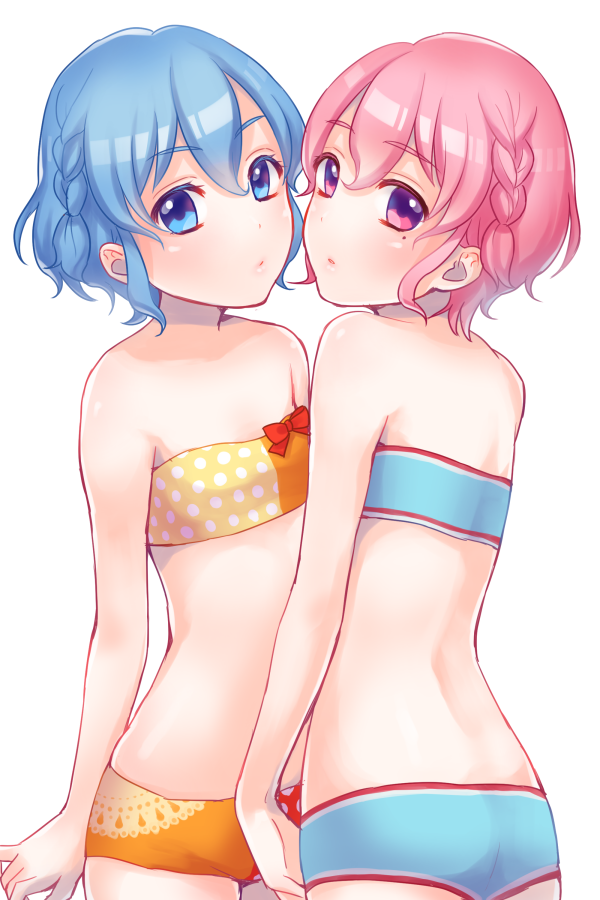 1boy, 1girl, back, bikini, blue_eyes, blue_hair, blush, braid, crossdressinging, dorothy_west, leona_west, looking_at_viewer, male, misaka_(05), mole, mole_under_eye, open_mouth, pink_eyes, pink_hair, puri_para, short_hair, swimsuit, trap