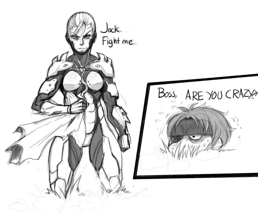 1boy, 1girl, big_boss, chibi_inset, cloak, cyborg, drawfag, english