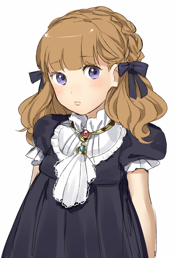 1girl, aldnoah.zero, blush, braid, brown_hair, dress, eddelrittuo, hair_ribbon