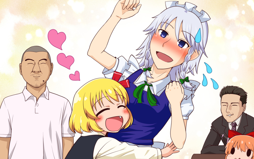 2boys, 3girls, blonde_hair, blue_eyes, braid, fang, flying_sweatdrops, hair_ribbon
