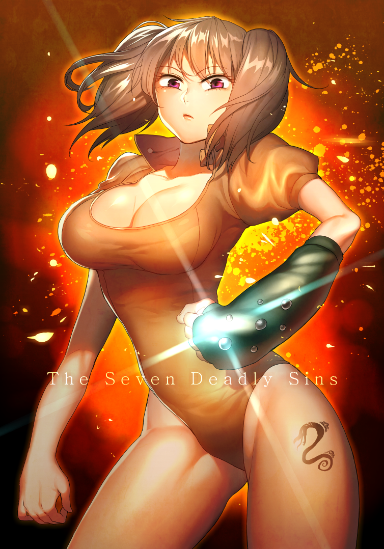 1girl, breasts, brown_hair, cleavage, diane_(nanatsu_no_taizai), gauntlets, looking_at_viewer, nanatsu_no_taizai