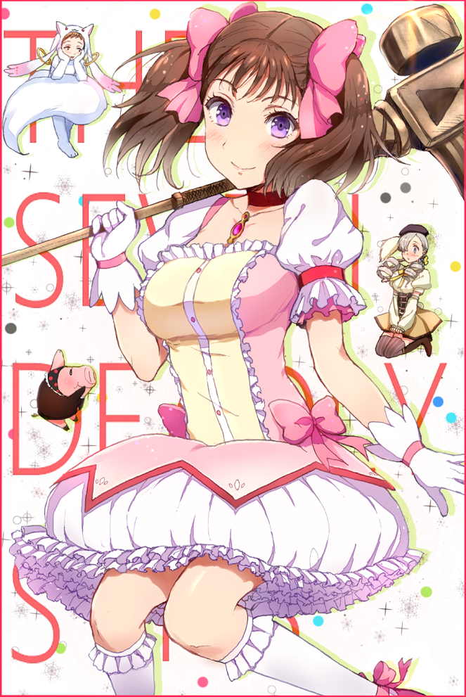 animal_costume, blush, boots, bow, breasts, brown_hair, charlotte_(madoka_magica), charlotte_(madoka_magica)_(cosplay)