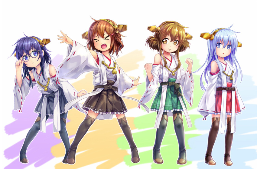 >_<, 4girls, akama_zenta, akatsuki_(kantai_collection), cosplay, fang, haruna_(kantai_collection)_(cosplay), hibiki_(kantai_collection)