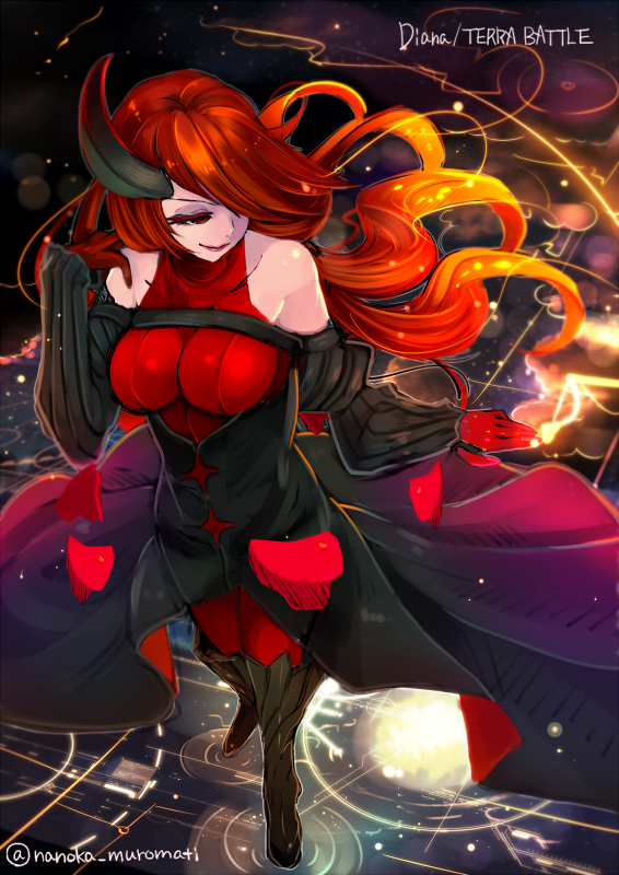 1girl, boots, breasts, character_name, collarbone, colored_eyelashes, copyright_name, daiana_(terra_battle)