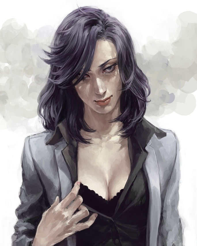 1girl, black_bra, bra, breasts, cleavage, collarbone, duexduex, hair_over_one_eye