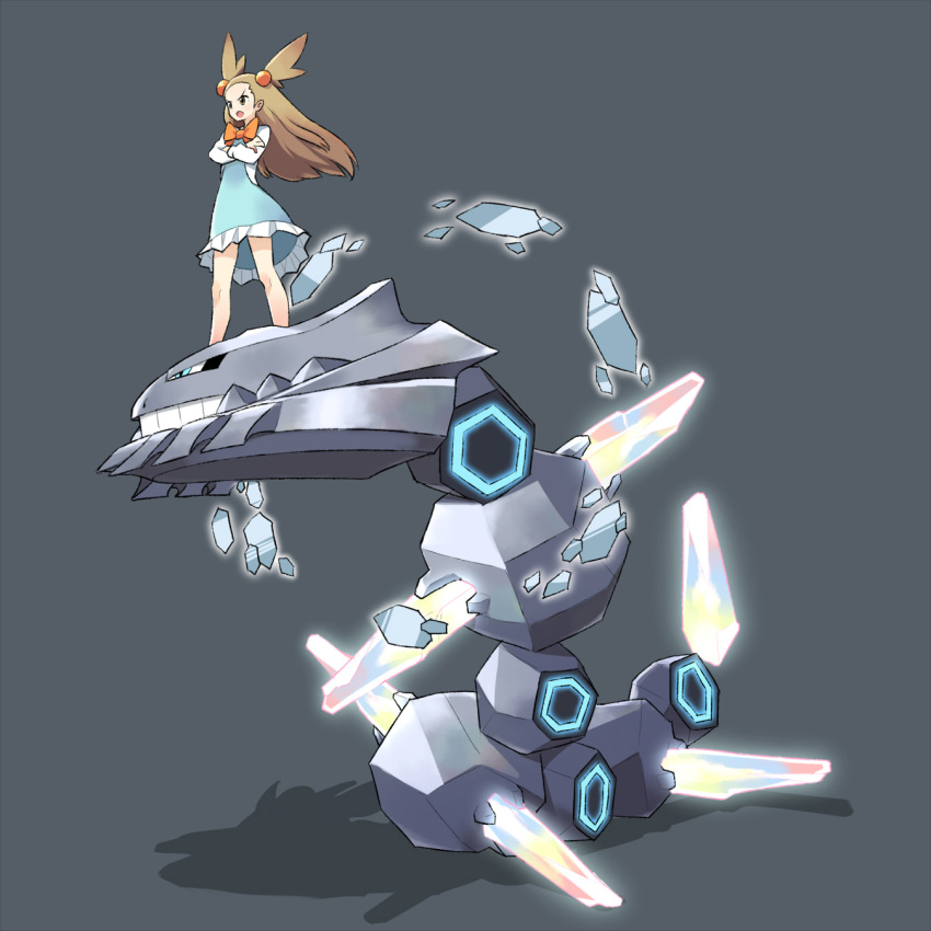 1girl, brown_hair, crossed_arms, dress, highres, mega_pokemon, mega_steelix, mikan_(pokemon), pokemon, pokemon_(creature), pokemon_(game), pokemon_oras, steelix, tm_(hanamakisan)