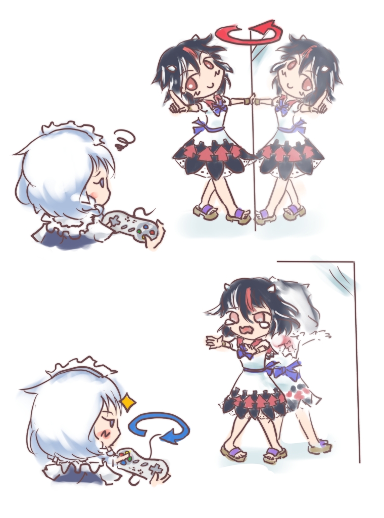 2girls, controller, directional_arrow, game_controller, izayoi_sakuya, keikou_ryuudou, kijin_seija, looking_at_another