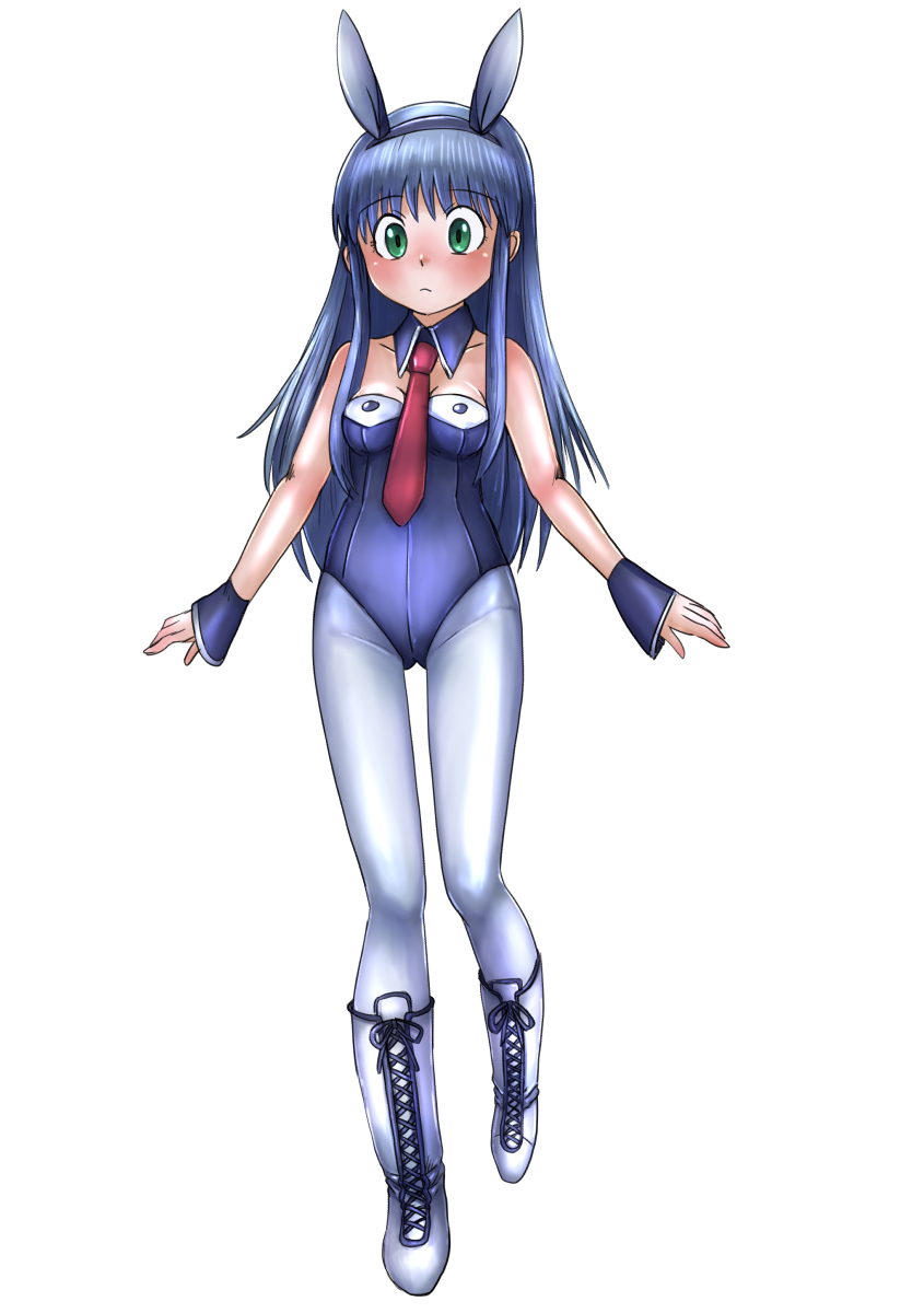 1girl, adapted_costume, animal_ears, aoki_hagane_no_arpeggio, arpeggio_of_blue_steel, blue_hair, boots, bunnysuit, detached_collar, green_eyes, highres, iona, karasuke_d, long_hair, necktie, pantyhose, rabbit_ears, wrist_cuffs