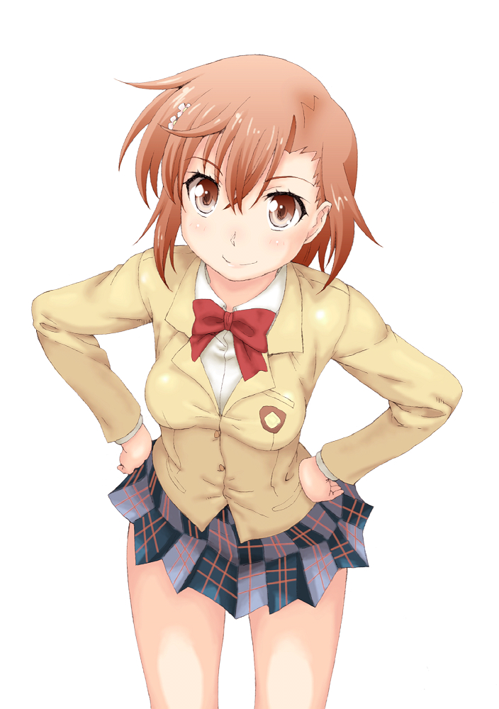 1girl, brown_eyes, brown_hair, brownie_(n8wss1pq), leaning_forward, misaka_mikoto, school_uniform, short_hair, to_aru_kagaku_no_railgun, to_aru_majutsu_no_index