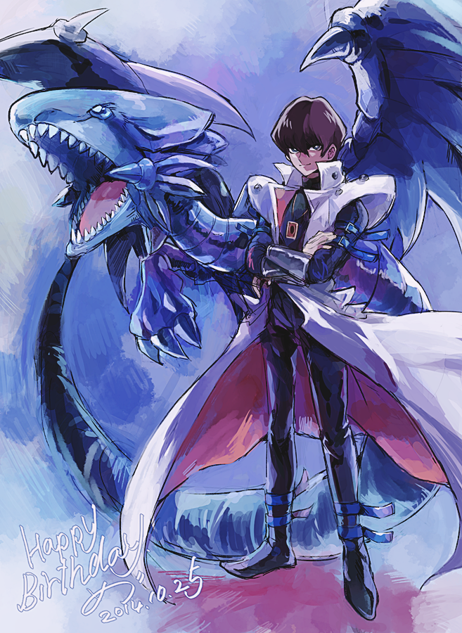 1boy, blue-eyes_white_dragon, blue_eyes, brown_hair, dragon, duel_monster, kaiba_seto, medu_(rubish)