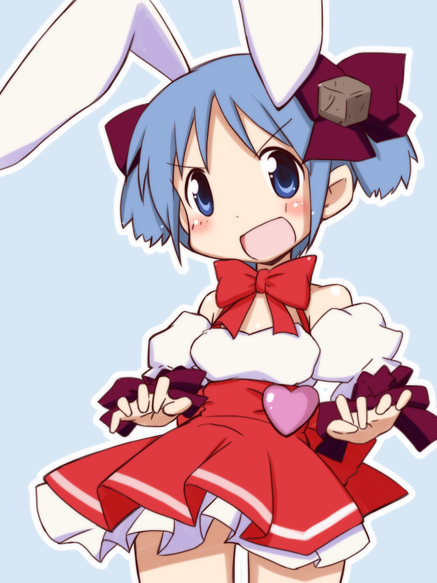 1girl, animal_ears, blue_eyes, blue_hair, cosplay, di_gi_charat, hair_cubes, hair_ornament