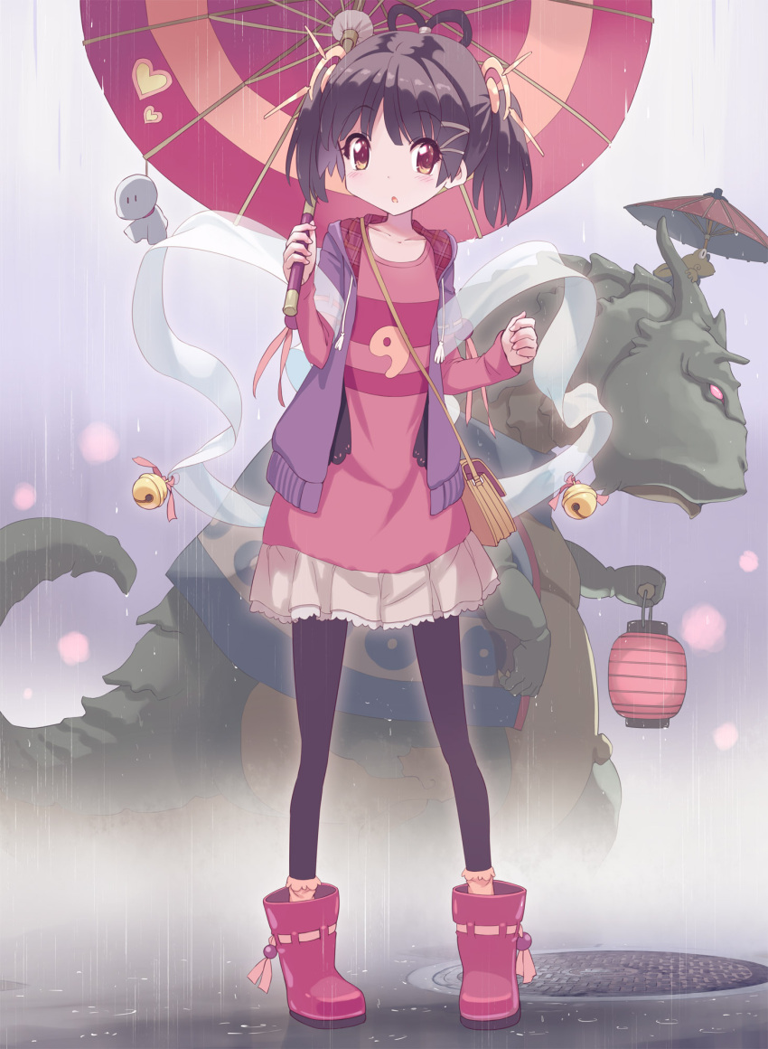 1girl, bell, black_hair, black_legwear, casual, collarbone, dragon, frog