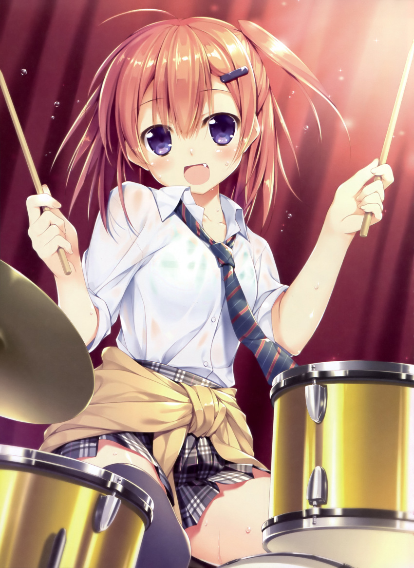 1girl, absurdres, ahoge, blue_eyes, blush, brown_hair, chikotam, clothes_around_waist, drum, drum_set, drumming, drumsticks, fang, female, hair_ornament, hairclip, highres, instrument, necktie, open_mouth, original, scan, school_uniform, short_hair, side_ponytail, sitting, skirt, smile, solo, sweat, sweater_around_waist, wet, wet_clothes