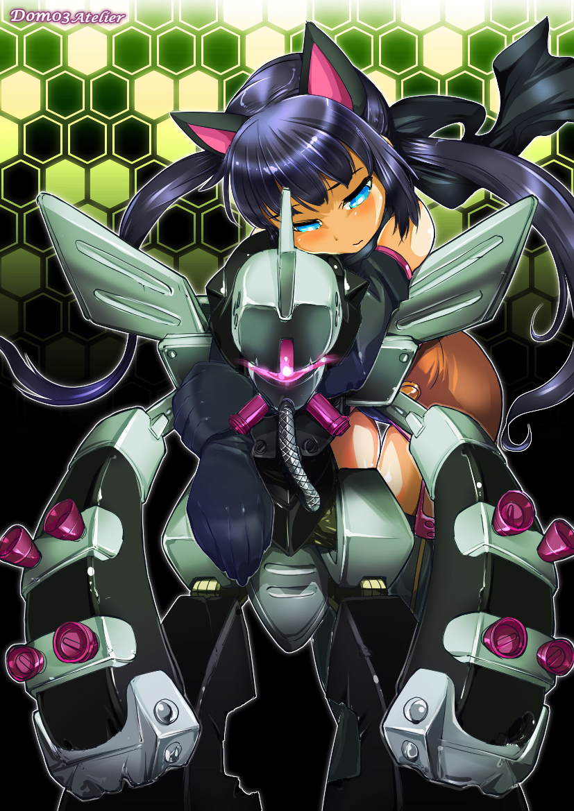 1girl, belzelga, blue_eyes, character_request, long_hair, mecha, medarot, purple_hair