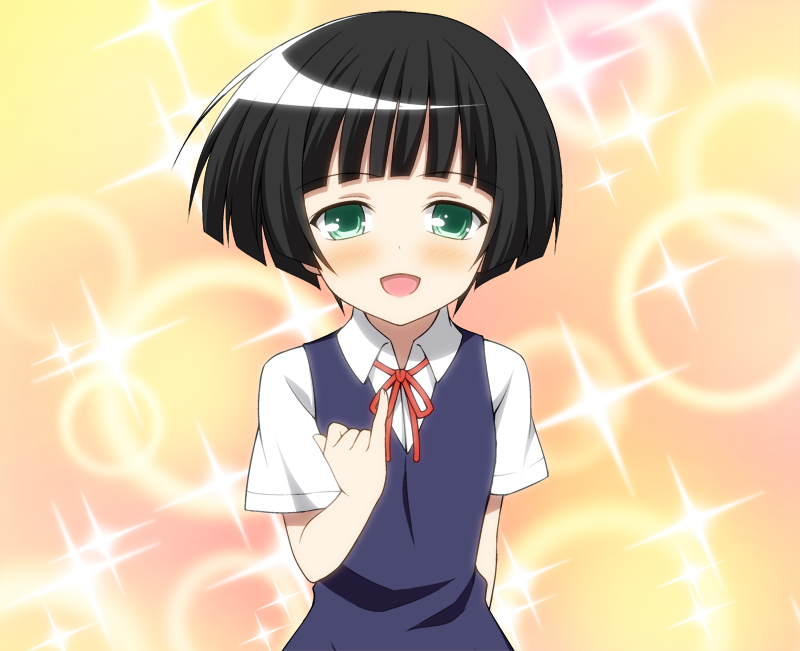 1girl, black_hair, bob_cut, green_eyes, gugure!_kokkuri-san, hime_cut, ichimatsu_kohina, negativezone649_(kyuutouryuu)