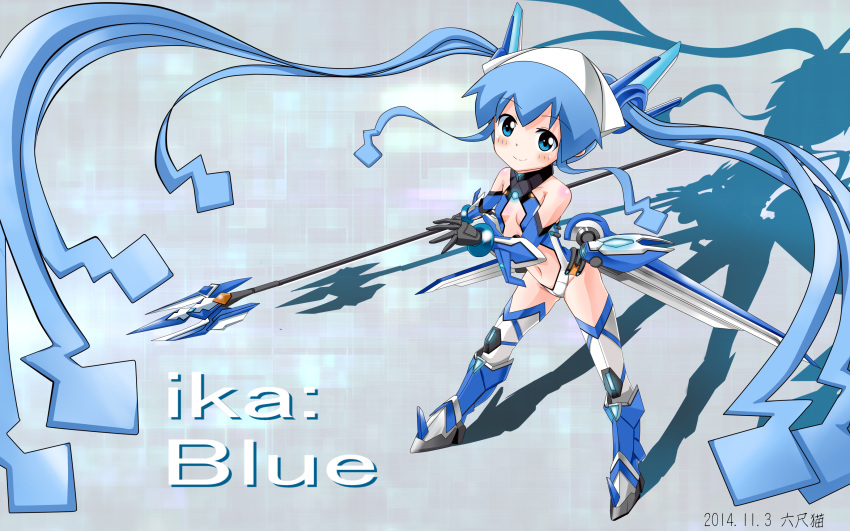 1girl, absurdres, blue_eyes, blue_hair, breasts, cleavage, hat, highres, holding, ikamusume, looking_at_viewer, navel, ore_twintail_ni_narimasu, polearm, rokushaku_neko, shinryaku!_ikamusume, smile, solo, tail_blue, tail_blue_(cosplay), tentacles, trident, weapon