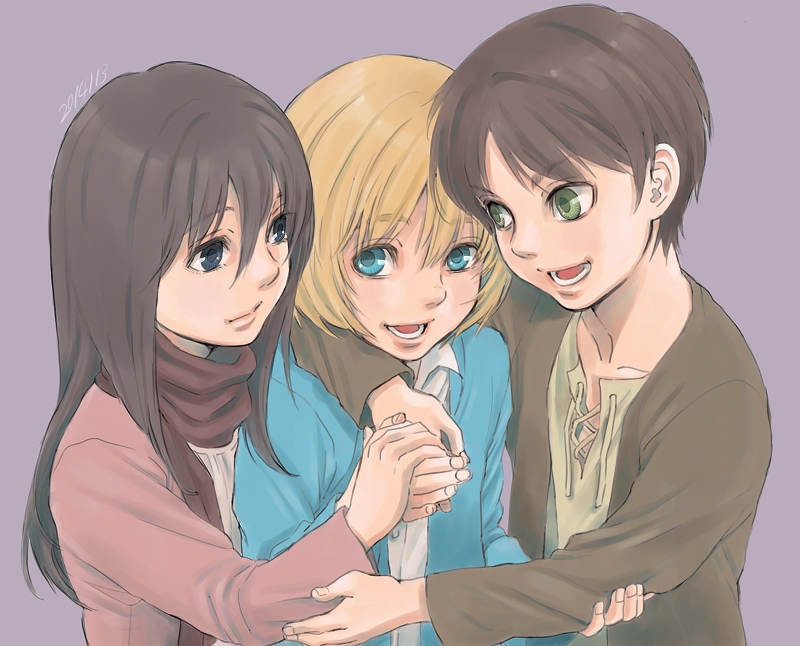 1girl, 2boys, armin_arlert, black_eyes, black_hair, blonde_hair, blue_eyes, brown_hair, eren_jaeger, ganyapin, green_eyes, happy_birthday, holding_hands, long_hair, mikasa_ackerman, multiple_boys, open_mouth, purple_background, scarf, shingeki_no_kyojin, short_hair, smile, young
