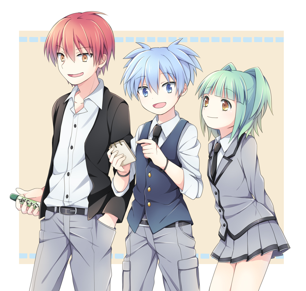 1girl, 2boys, :d, akabane_karma, ansatsu_kyoushitsu, blazer, blue_eyes, blue_hair