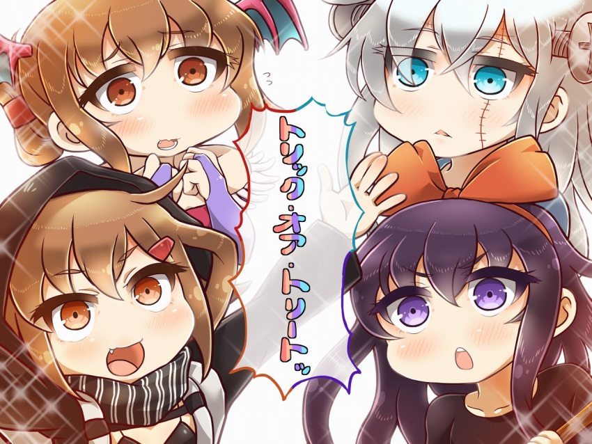 4girls, akatsuki_(kantai_collection), alternate_costume, blue_eyes, blue_hair, brown_eyes, brown_hair, hair_ribbon